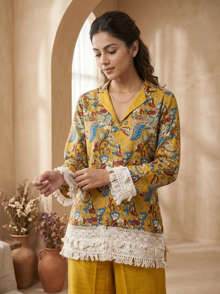 Yellow Printed Cotton Blend V Neck Kurta Set
