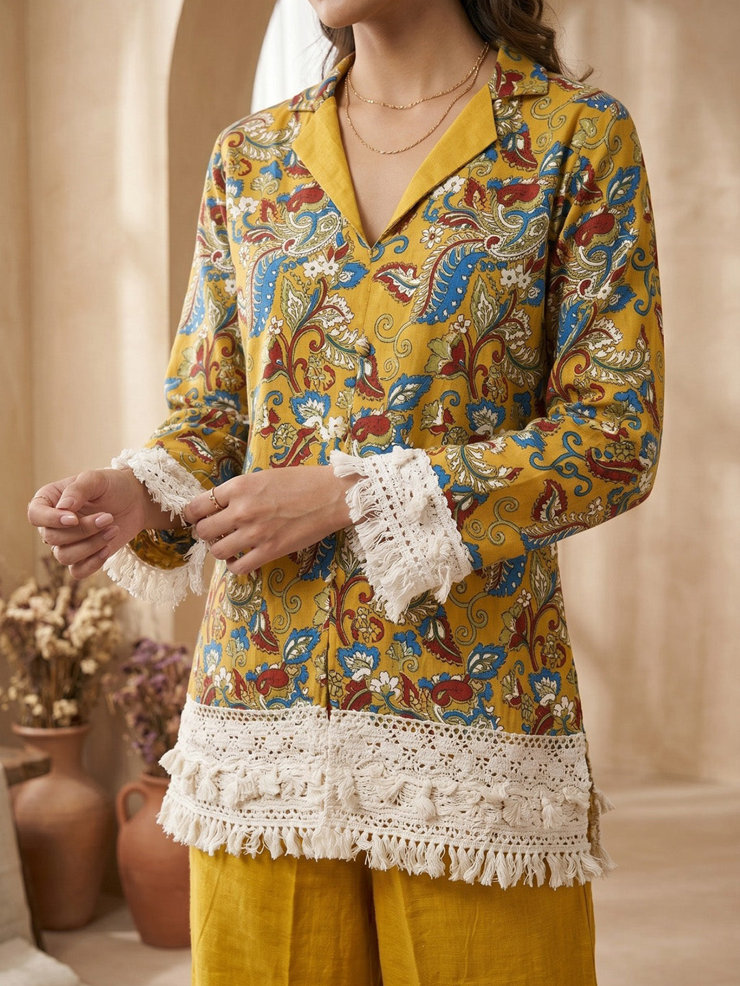 Yellow Printed Cotton Blend V Neck Kurta Set