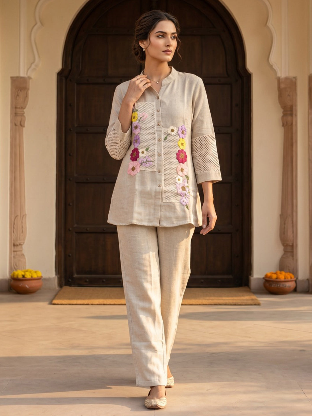 Beige Embroidered Cotton Blend Round Neck Straight Kurta With Pant