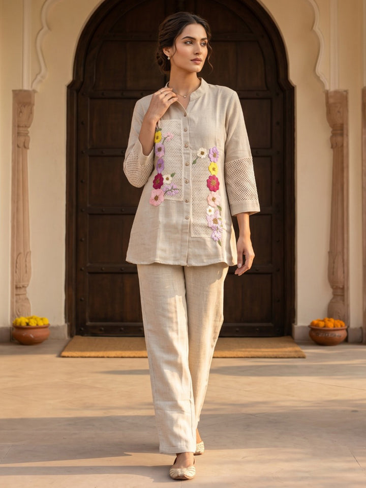 Beige Embroidered Cotton Blend Round Neck Straight Kurta With Pant