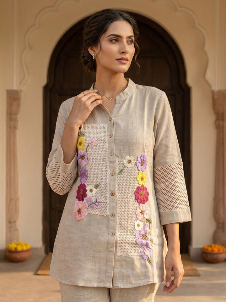 Beige Embroidered Cotton Blend Round Neck Straight Kurta With Pant