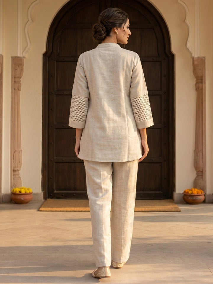 Beige Embroidered Cotton Blend Round Neck Straight Kurta With Pant