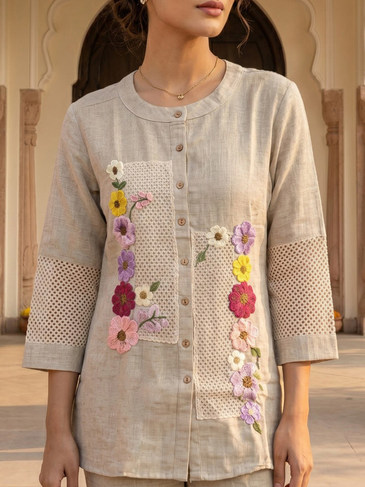 Beige Embroidered Cotton Blend Round Neck Straight Kurta With Pant