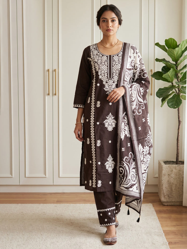 Brown Printed Cotton Blend Kurta With Pant &amp; Dupatta