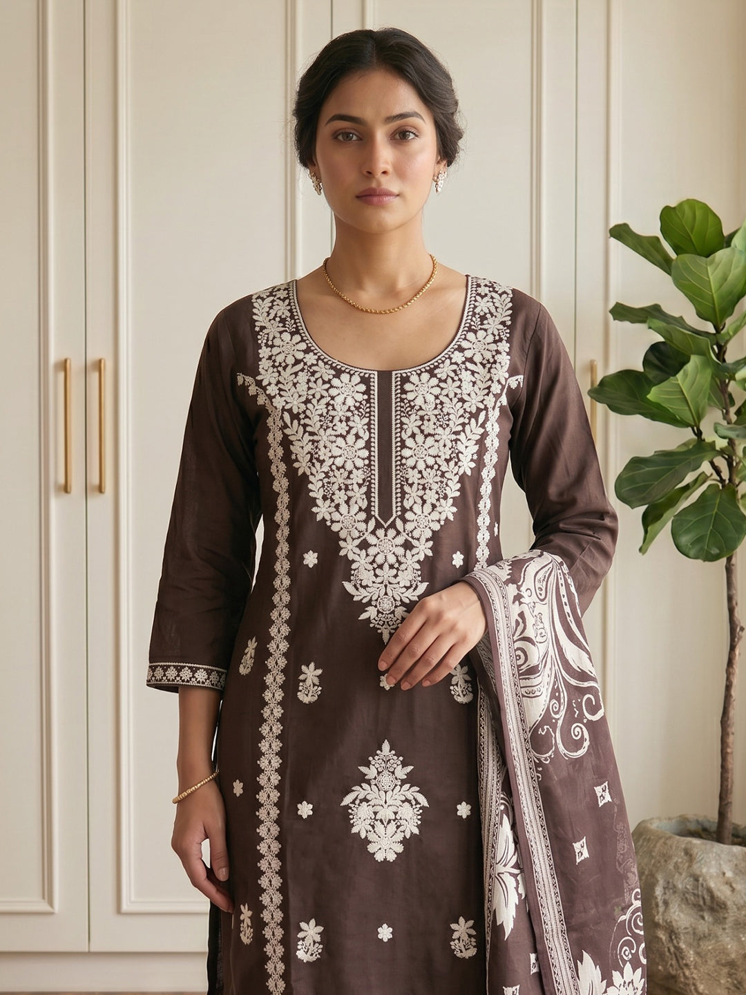 Brown Printed Cotton Blend Kurta With Pant &amp; Dupatta