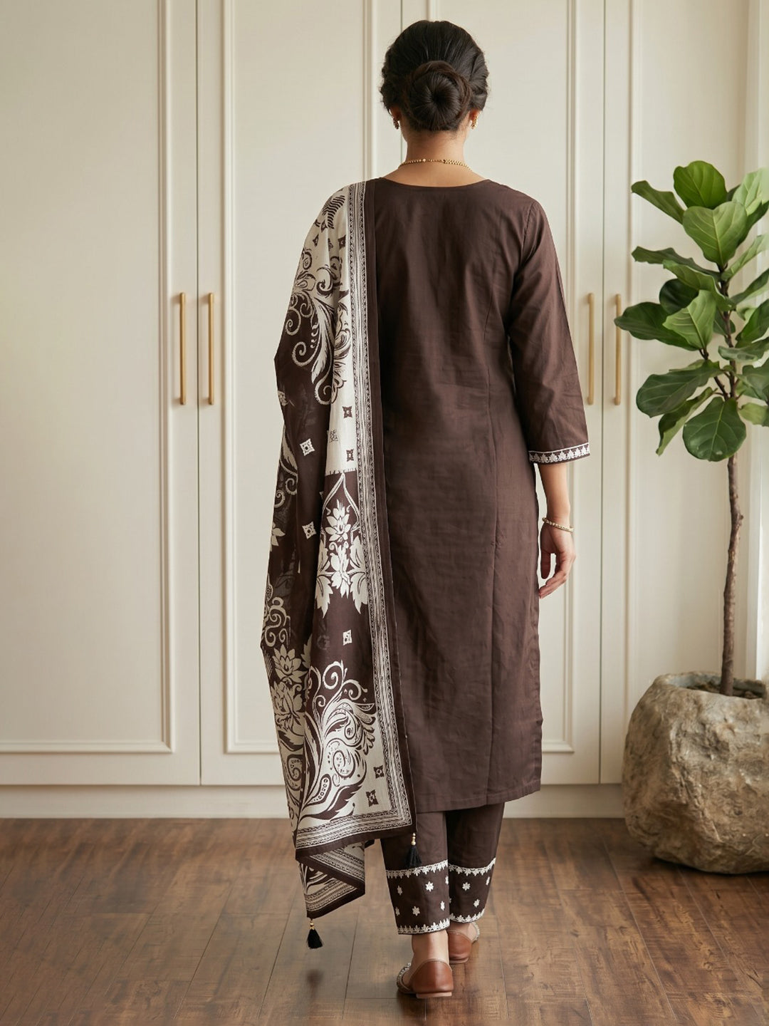 Brown Printed Cotton Blend Kurta With Pant &amp; Dupatta