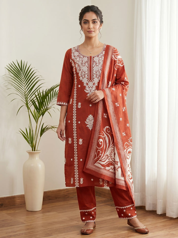 Red Printed Cotton Blend Kurta With Pant &amp; Dupatta