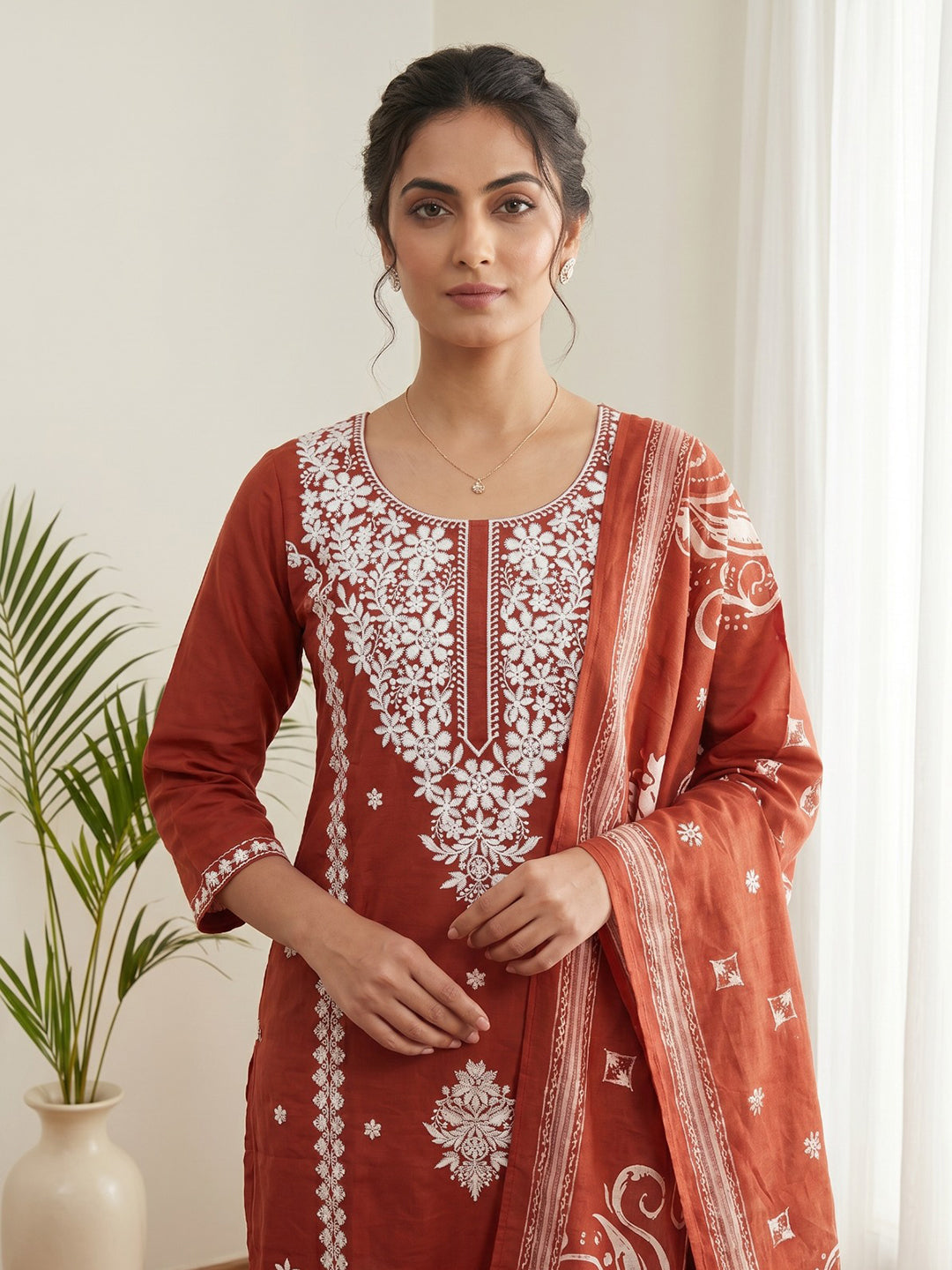 Red Printed Cotton Blend Kurta With Pant &amp; Dupatta