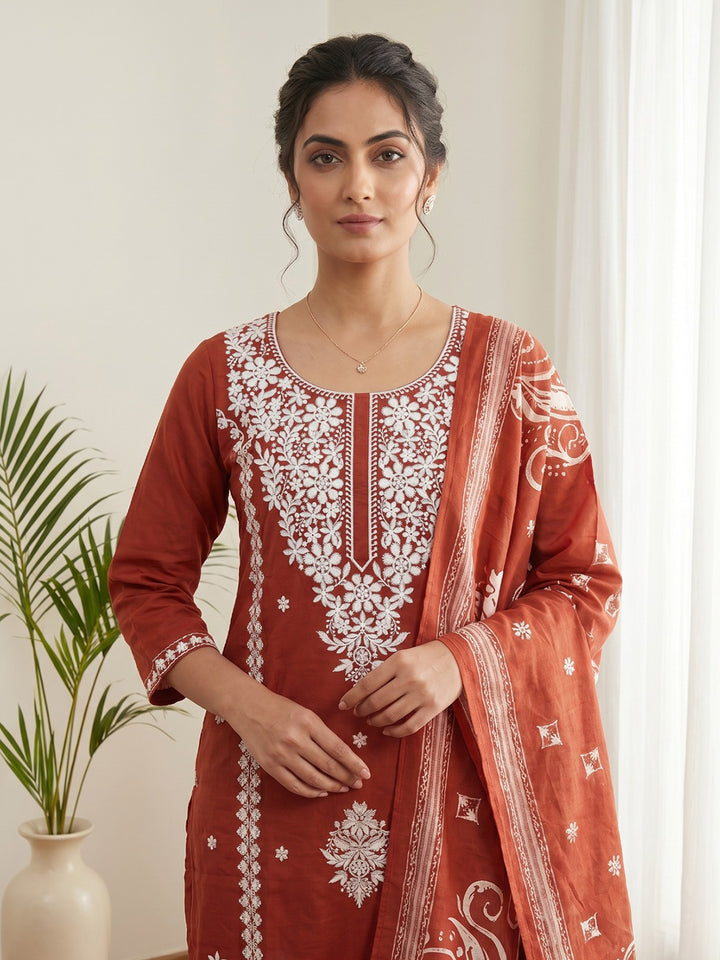 Red Printed Cotton Blend Kurta With Pant &amp; Dupatta