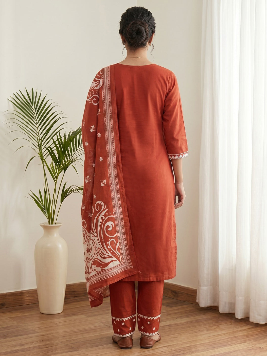 Red Printed Cotton Blend Kurta With Pant &amp; Dupatta