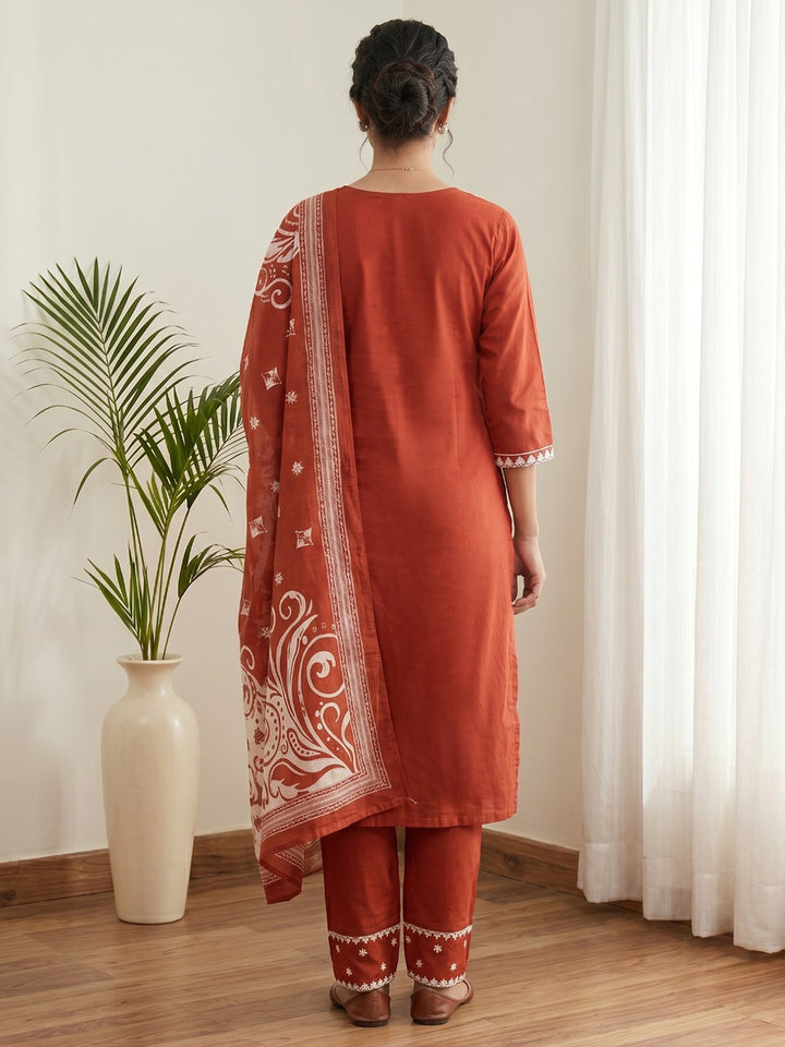 Red Printed Cotton Blend Kurta With Pant &amp; Dupatta