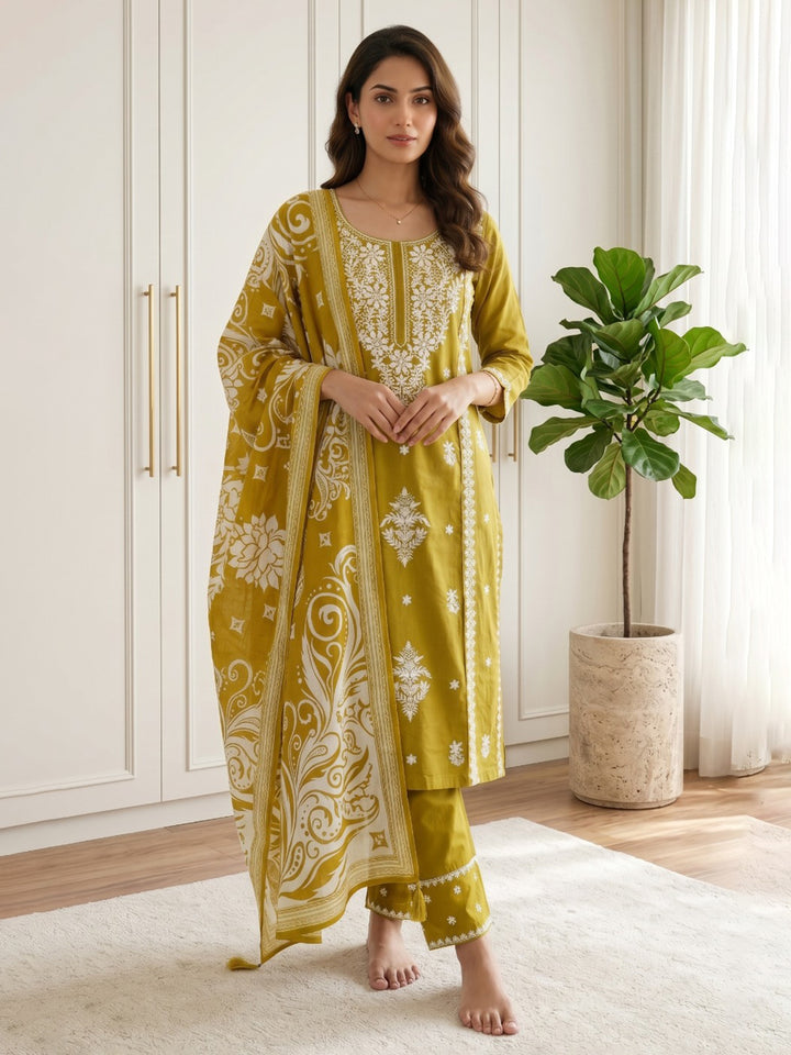 Yellow Printed Cotton Blend Kurta With Pant &amp; Dupatta