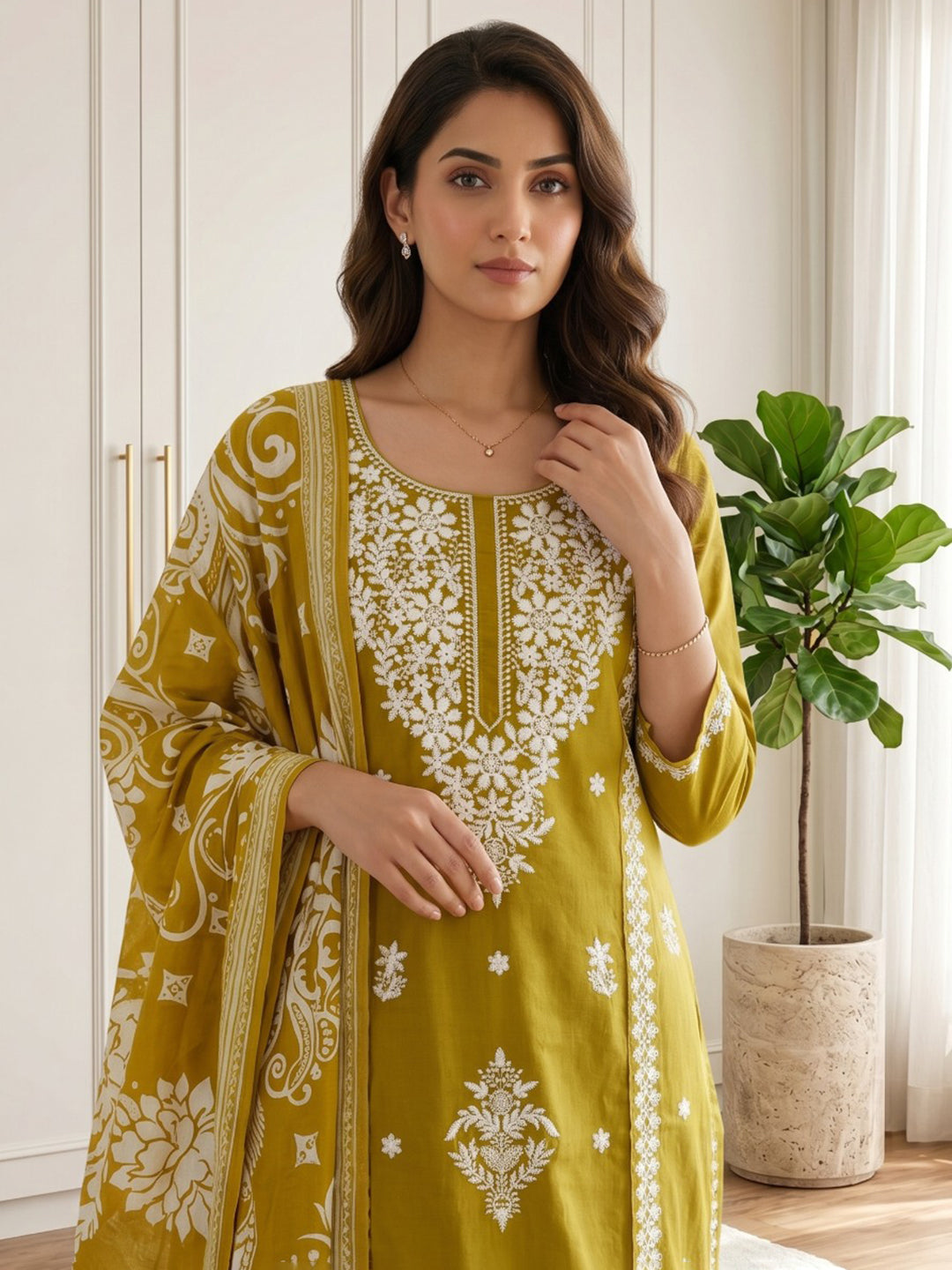 Yellow Printed Cotton Blend Kurta With Pant &amp; Dupatta