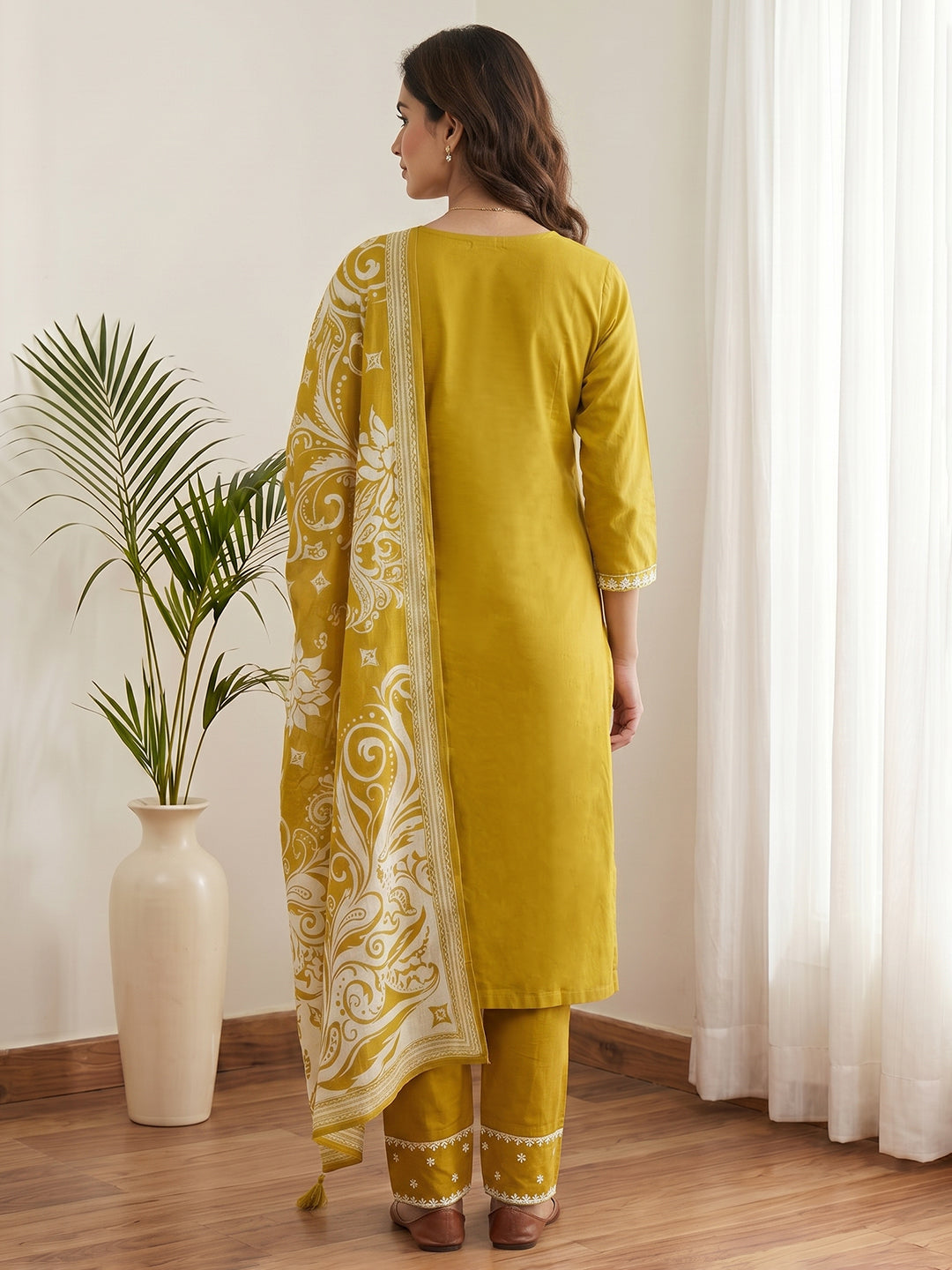 Yellow Printed Cotton Blend Kurta With Pant &amp; Dupatta