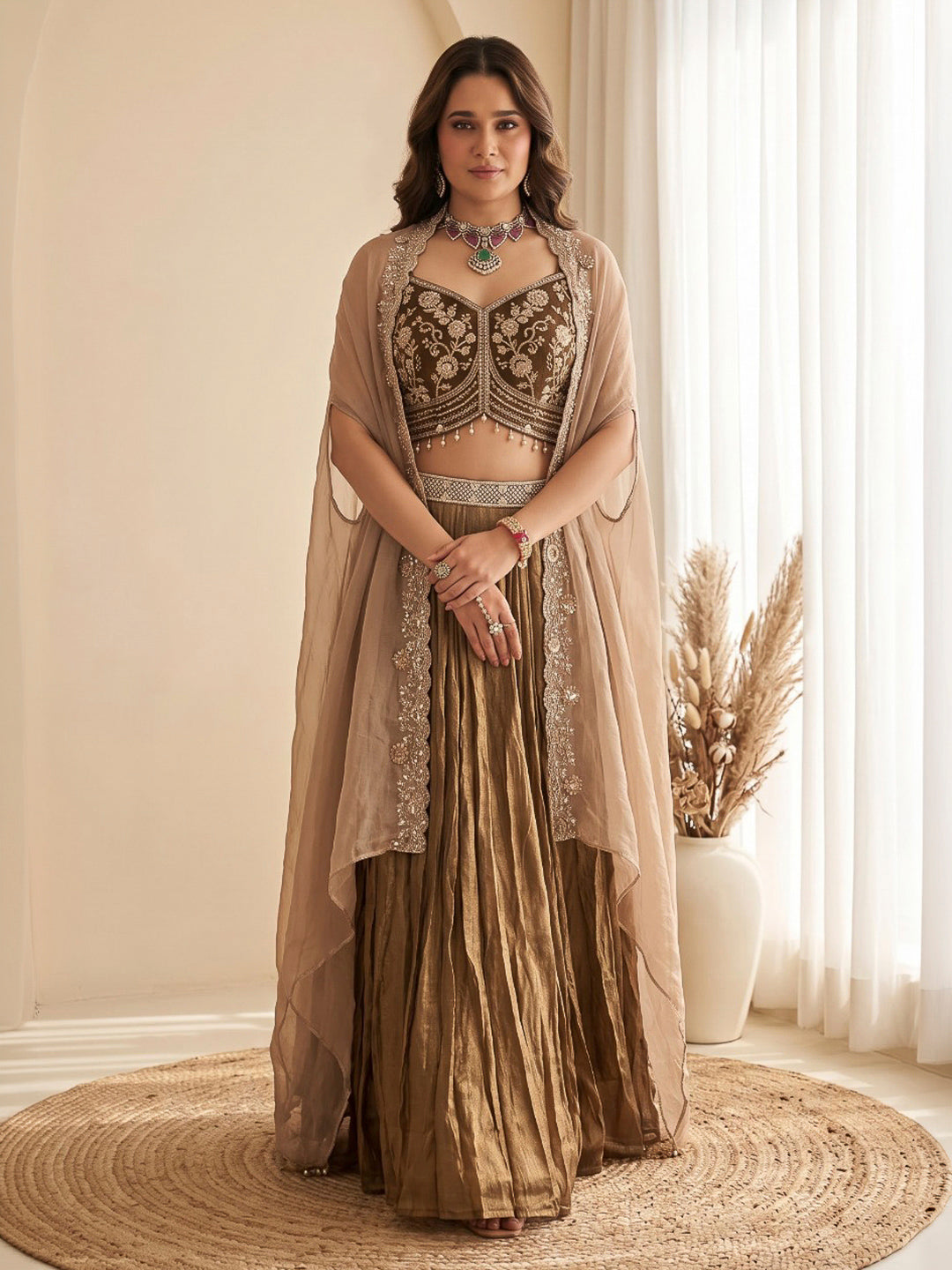 Mehndi Embroidered Art Silk Dress With Dupatta