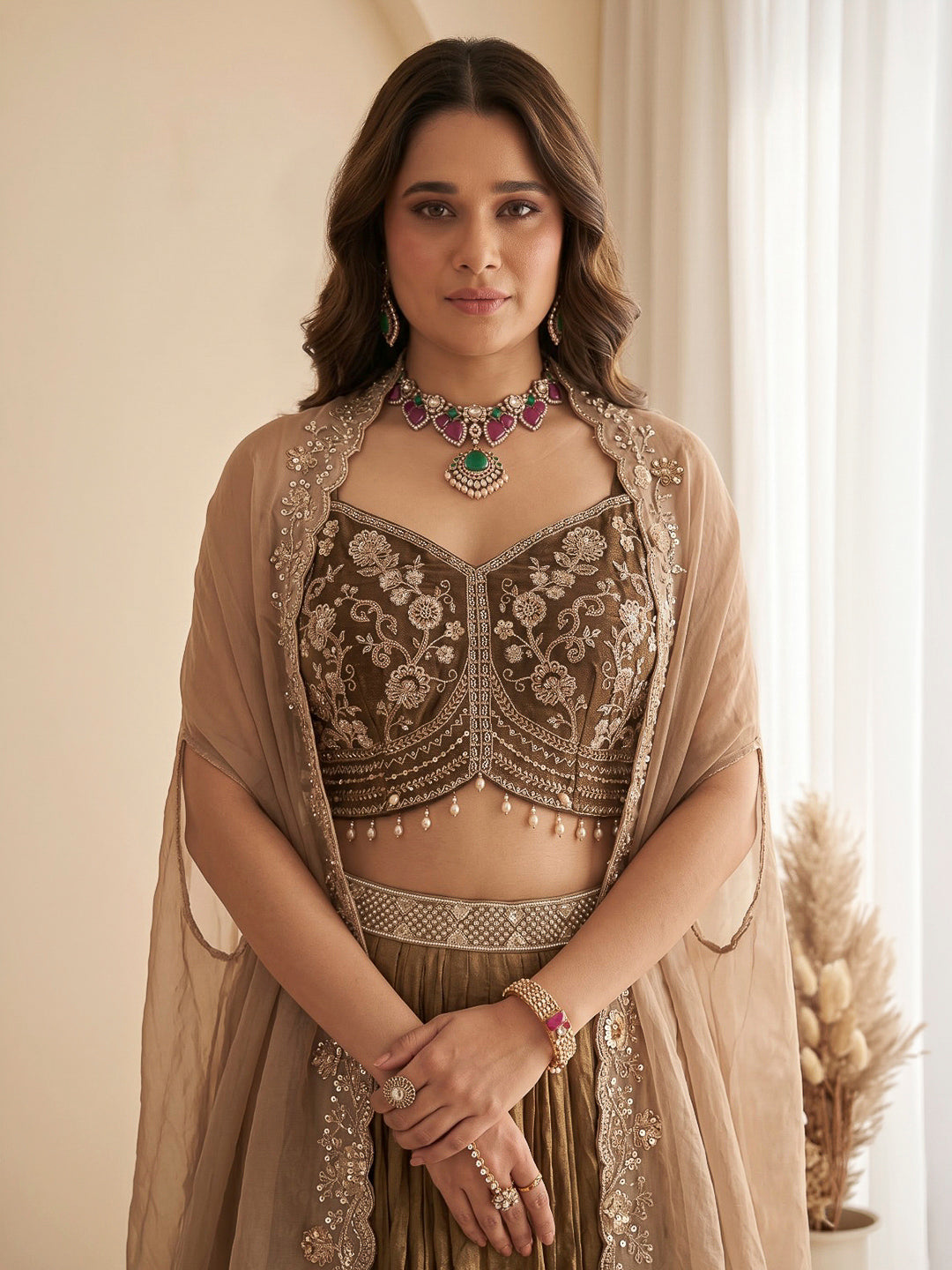Mehndi Embroidered Art Silk Dress With Dupatta