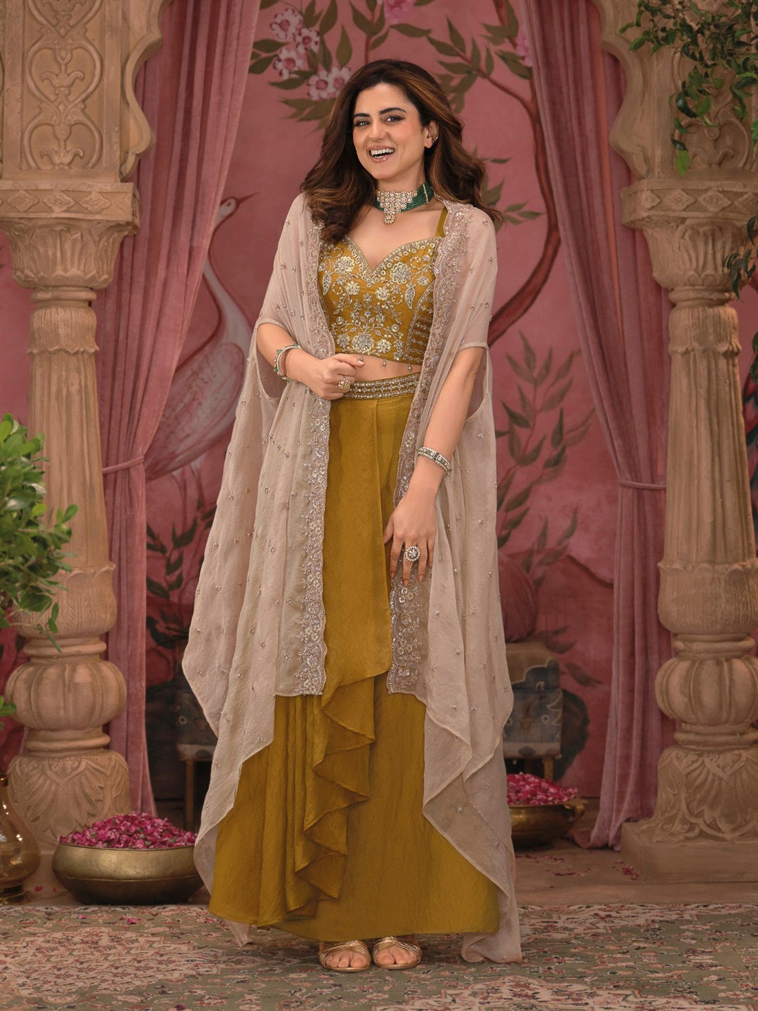 Mustard Embroidered Art Silk Dress With Dupatta