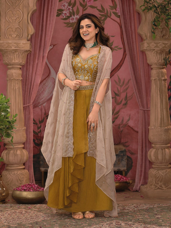 Mustard Embroidered Art Silk Dress With Dupatta