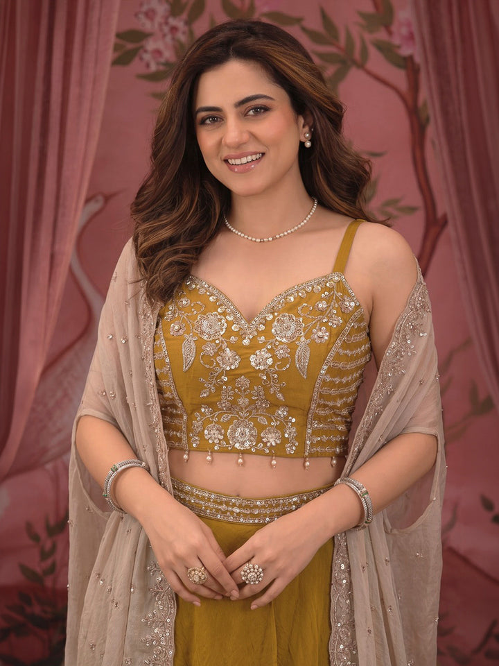 Mustard Embroidered Art Silk Dress With Dupatta