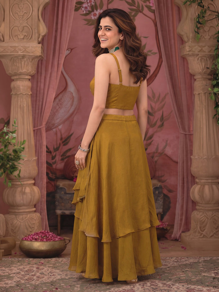 Mustard Embroidered Art Silk Dress With Dupatta