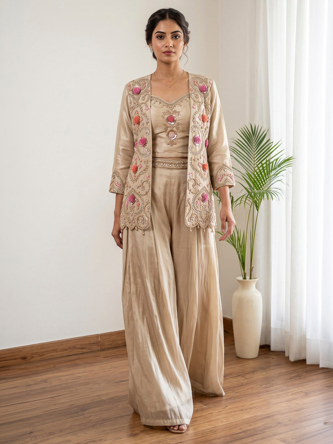 Off White Embroidered Art Silk Kurta Set