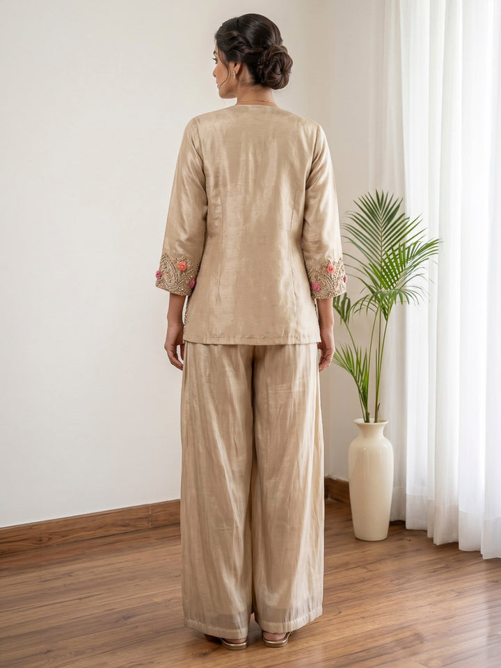 Off White Embroidered Art Silk Kurta Set