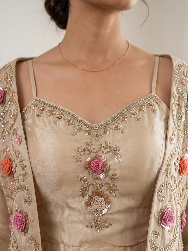 Off White Embroidered Art Silk Kurta Set