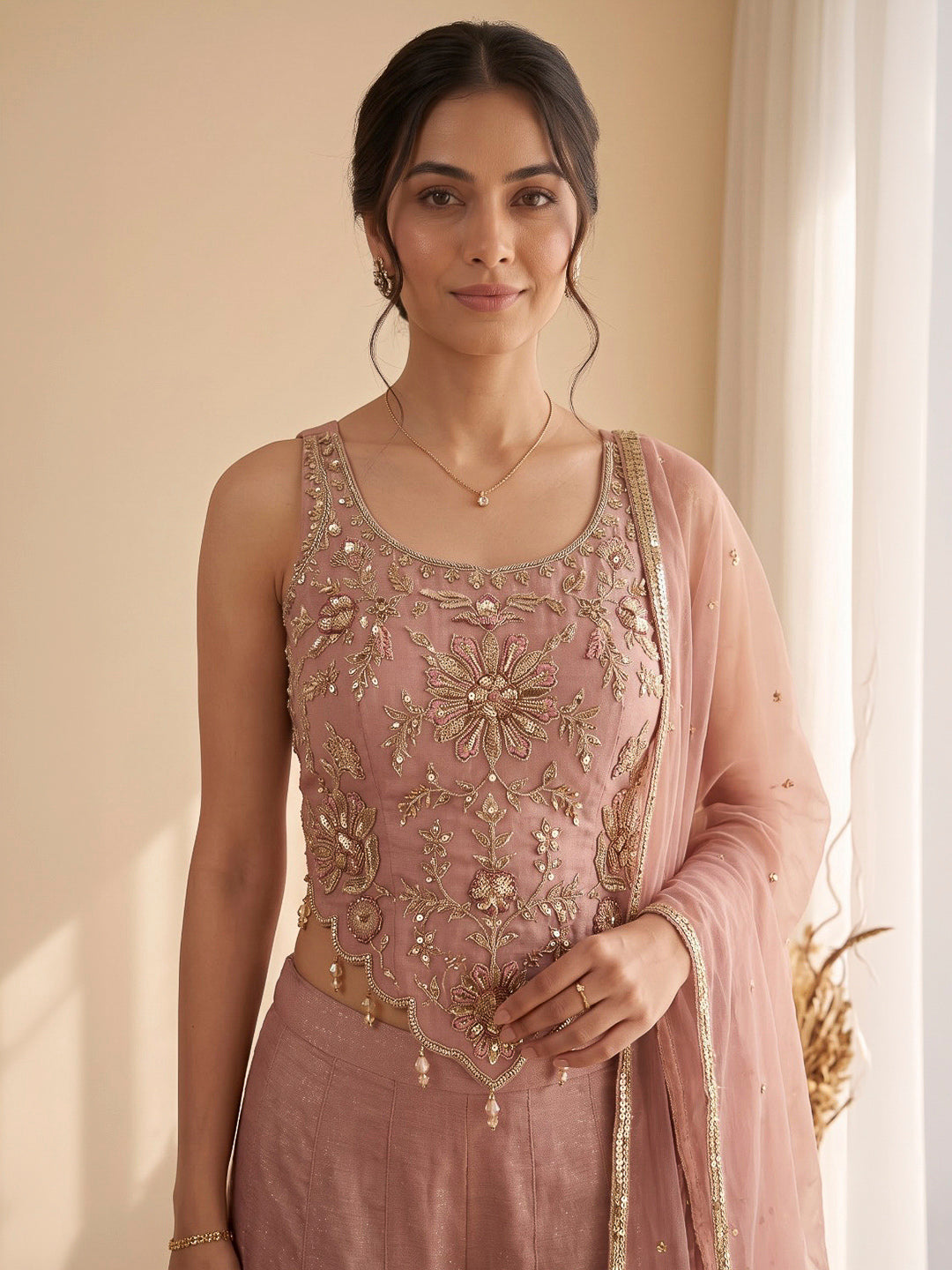 Pink Embroidered Art Silk Kurta With Pant &amp; Dupatta