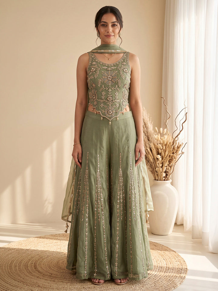 Pista Green Embroidered Art Silk Kurta With Pant &amp; Dupatta
