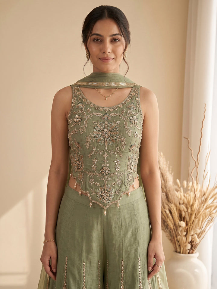 Pista Green Embroidered Art Silk Kurta With Pant &amp; Dupatta