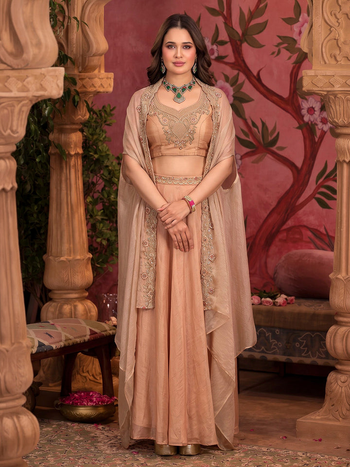 Peach Embroidered Art Silk Dress With Dupatta
