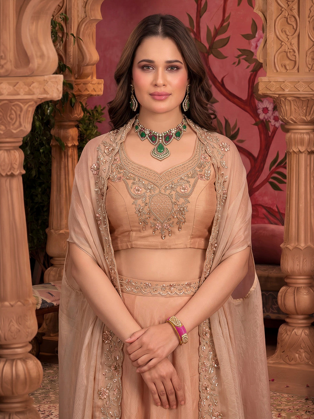 Peach Embroidered Art Silk Dress With Dupatta