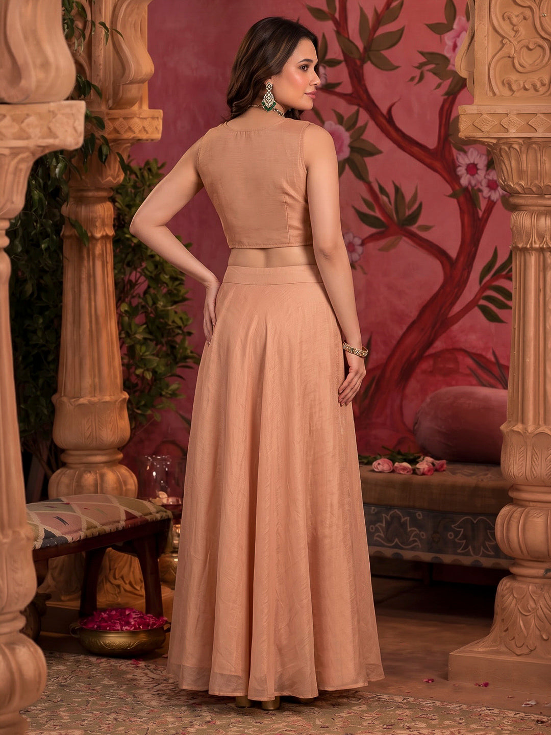 Peach Embroidered Art Silk Dress With Dupatta