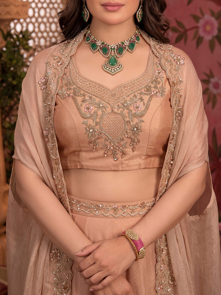 Peach Embroidered Art Silk Dress With Dupatta