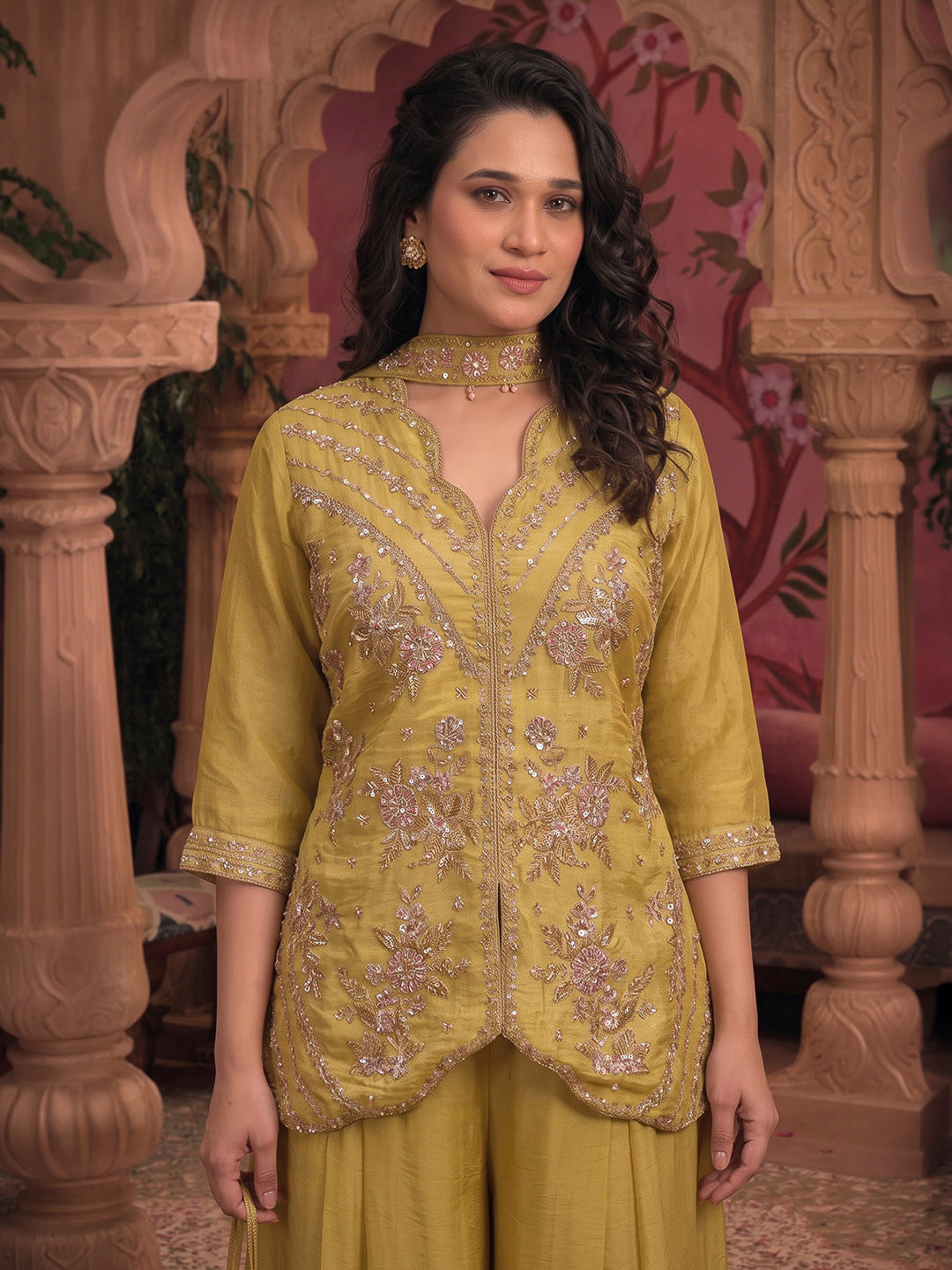 Mustard Embroidered Art Silk Kurta With Pant &amp; Dupatta