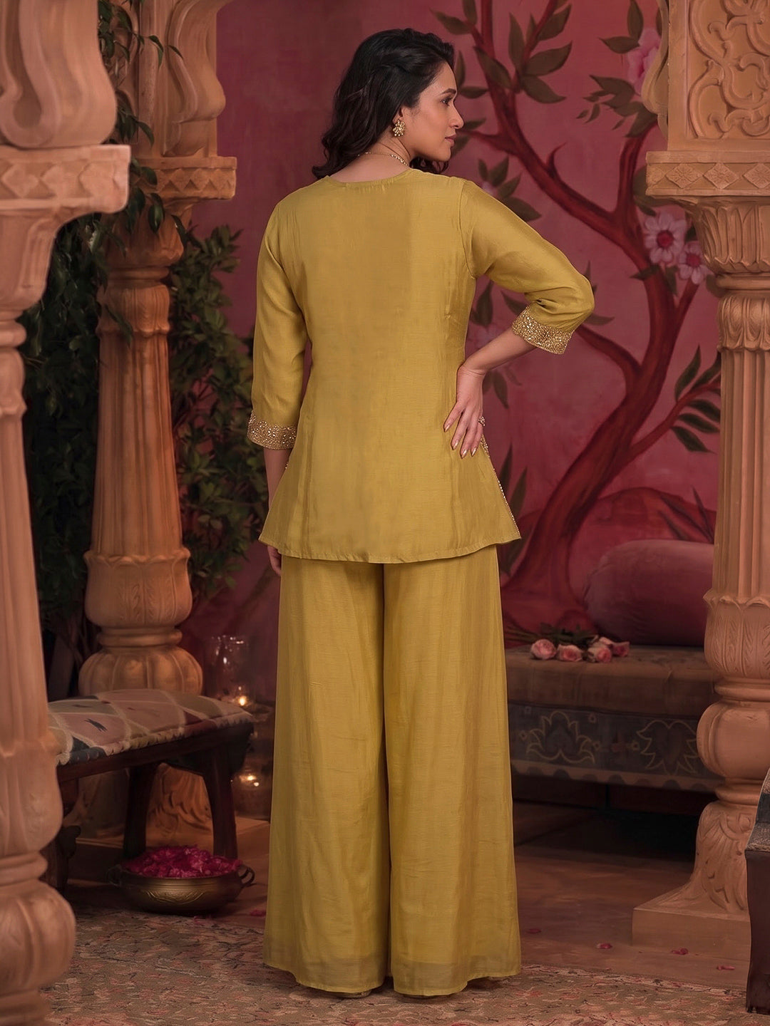 Mustard Embroidered Art Silk Kurta With Pant &amp; Dupatta