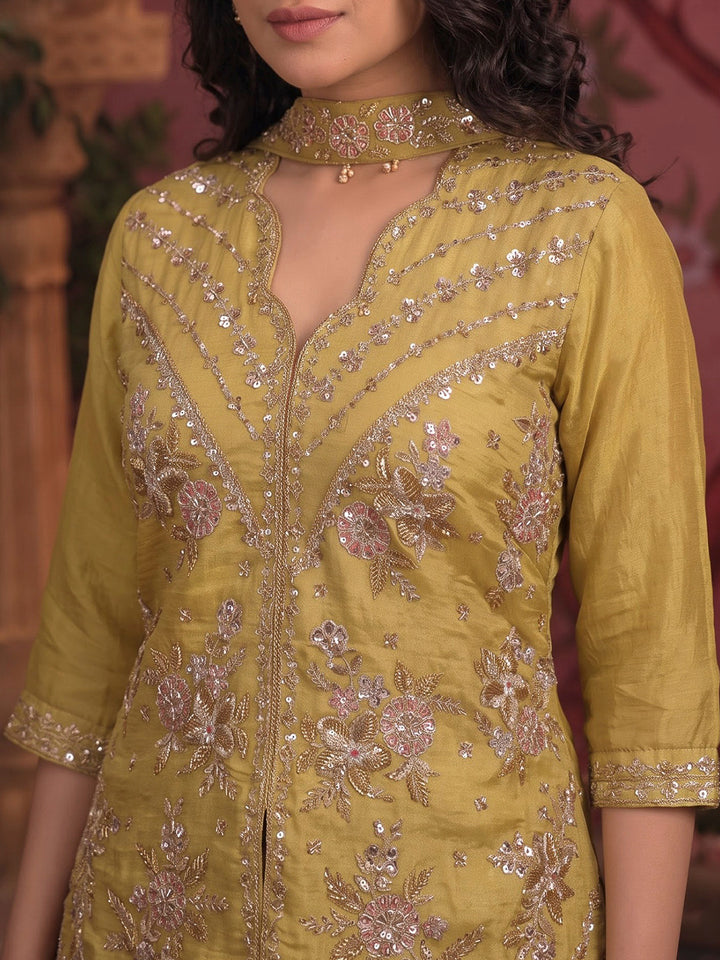 Mustard Embroidered Art Silk Kurta With Pant &amp; Dupatta