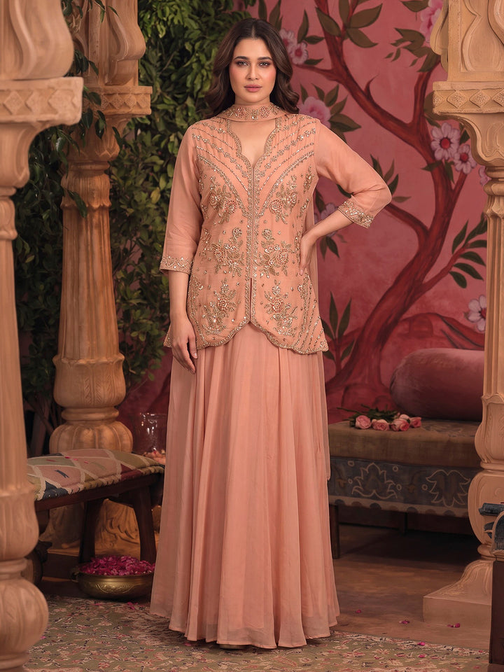 Peach Embroidered Art Silk Kurta With Pant &amp; Dupatta