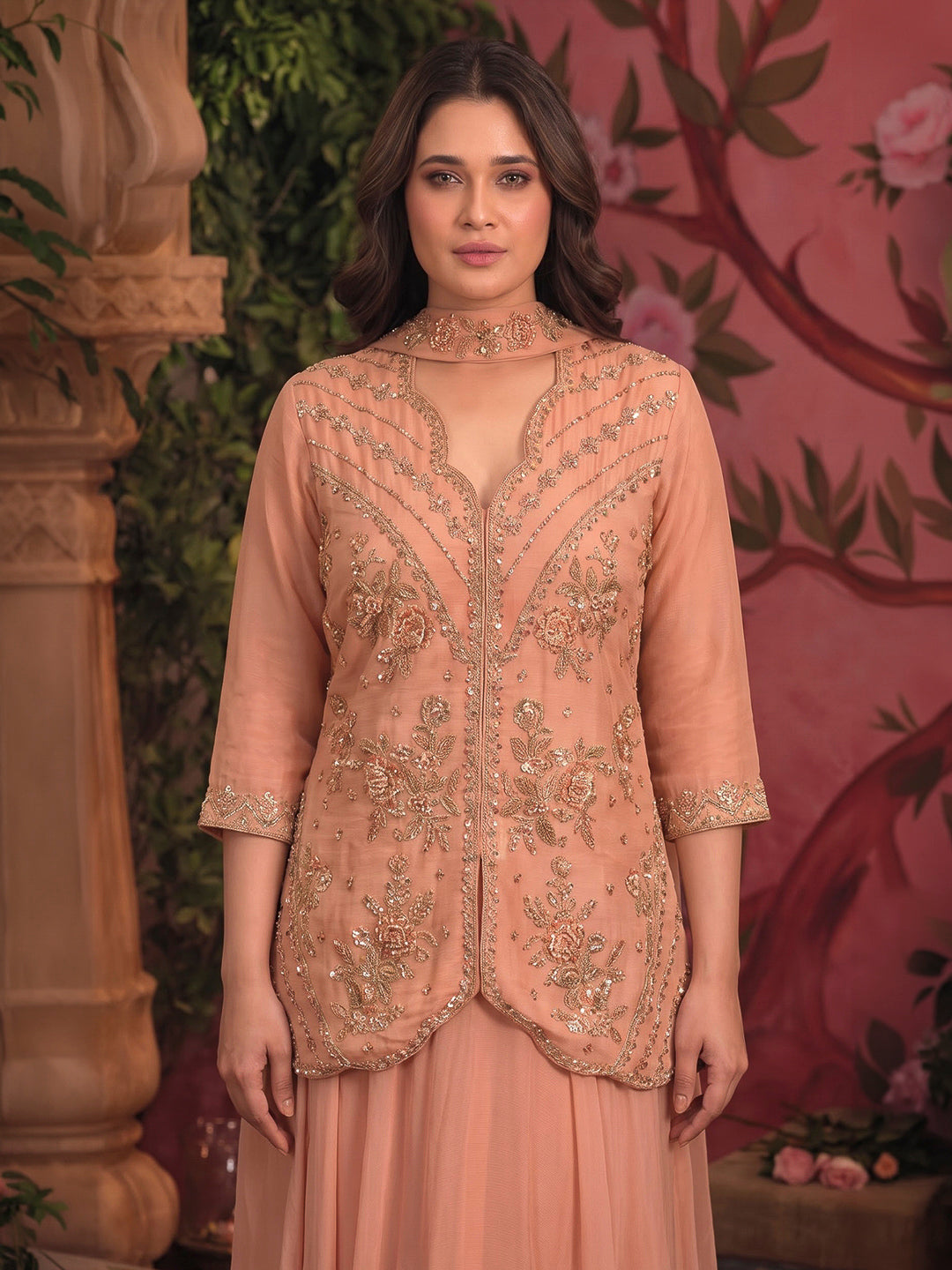 Peach Embroidered Art Silk Kurta With Pant &amp; Dupatta