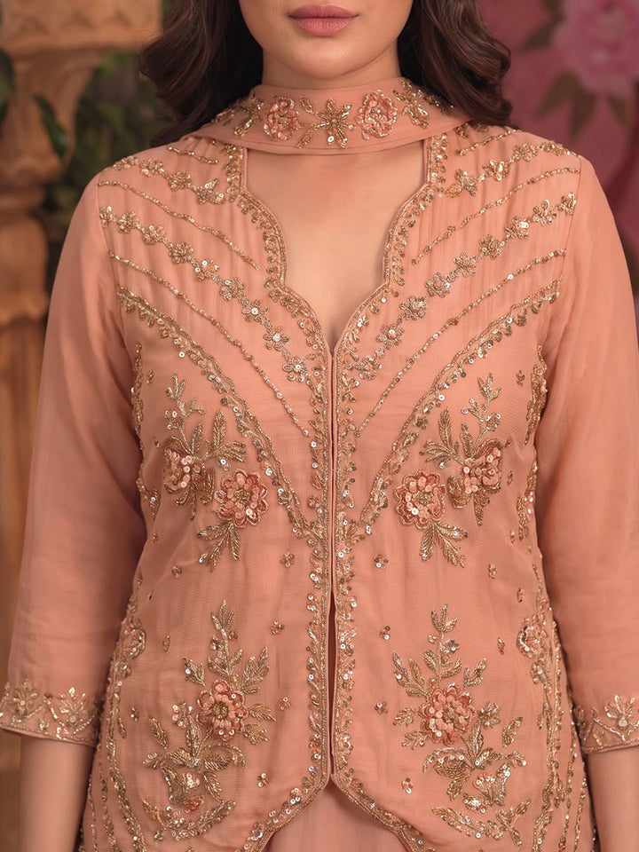 Peach Embroidered Art Silk Kurta With Pant &amp; Dupatta