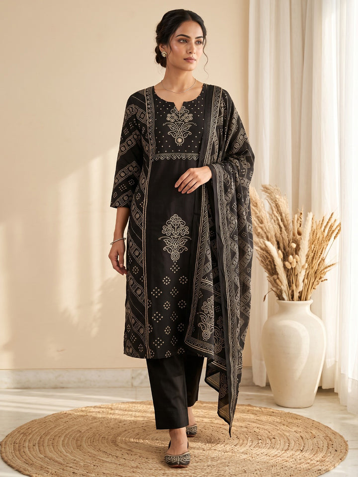 Black Printed Cotton Blend Kurta With Pant &amp; Dupatta