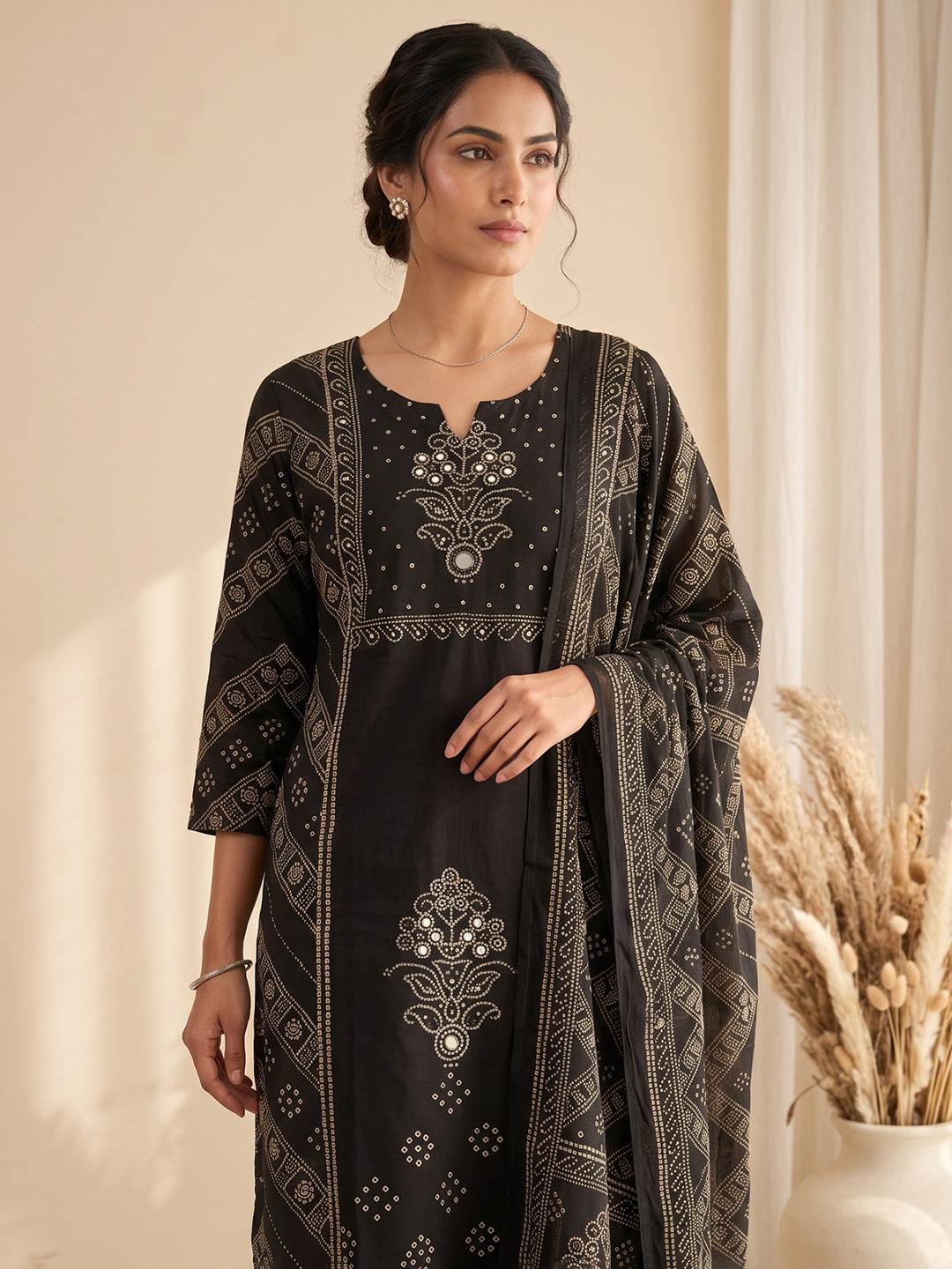 Black Printed Cotton Blend Kurta With Pant &amp; Dupatta