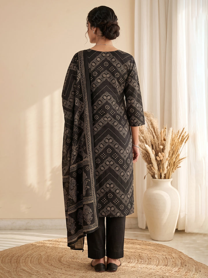 Black Printed Cotton Blend Kurta With Pant &amp; Dupatta