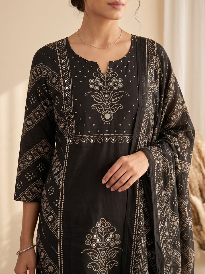 Black Printed Cotton Blend Kurta With Pant &amp; Dupatta