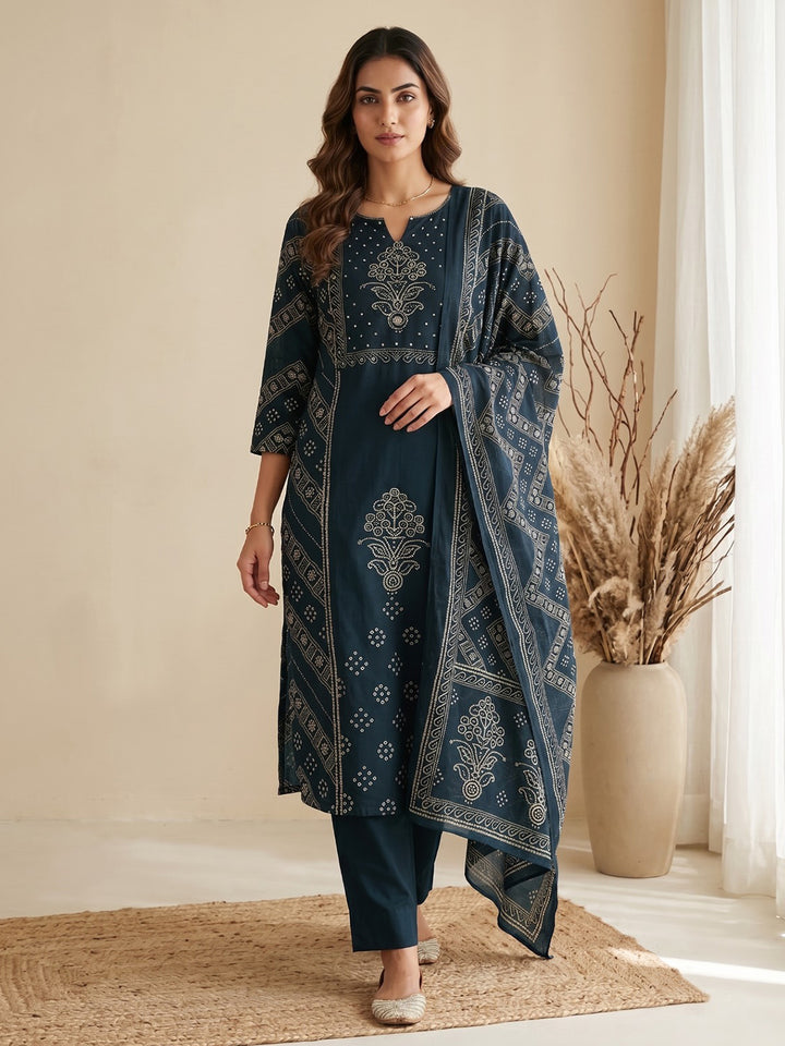 Blue Printed Cotton Blend Kurta With Pant &amp; Dupatta