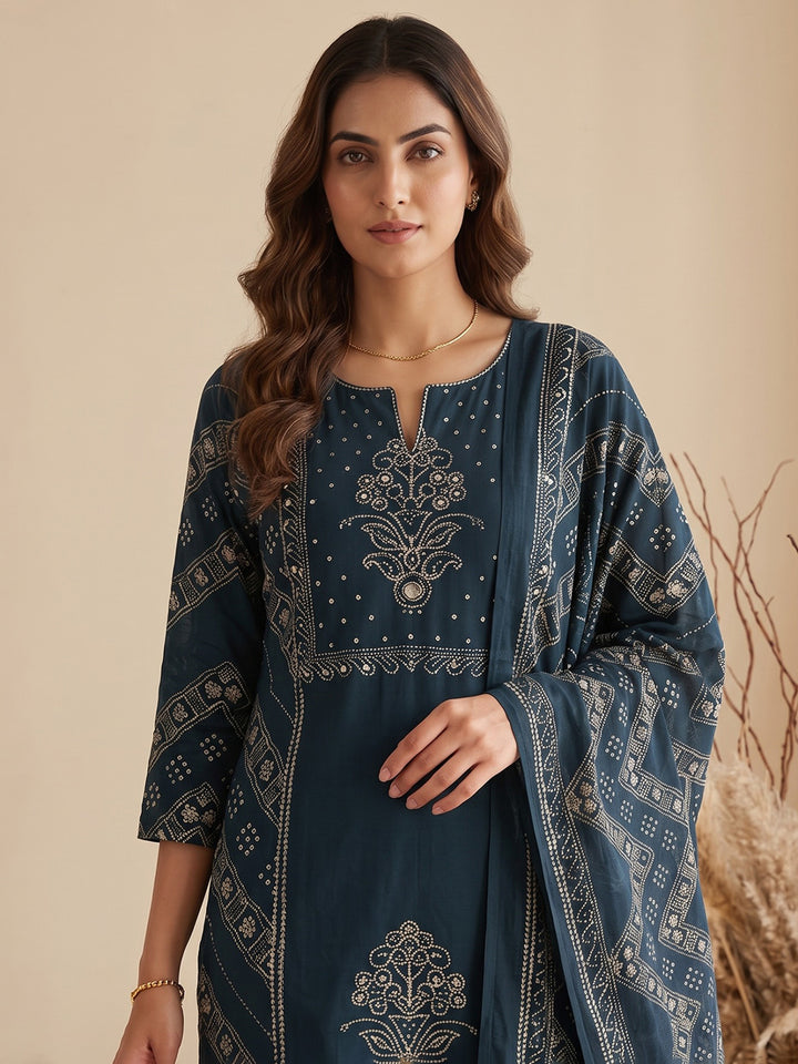 Blue Printed Cotton Blend Kurta With Pant &amp; Dupatta