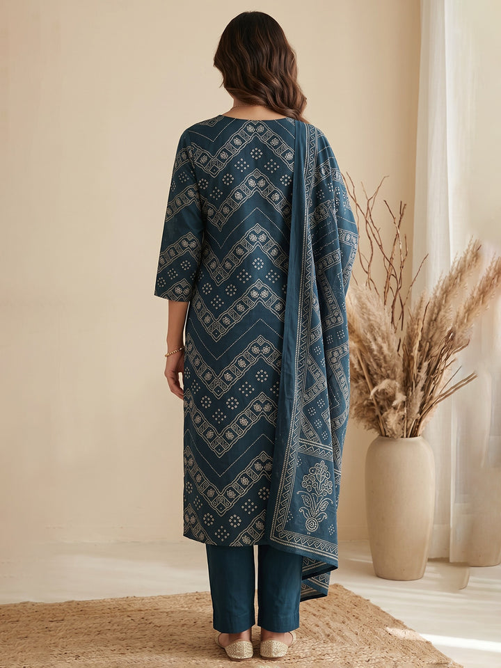 Blue Printed Cotton Blend Kurta With Pant &amp; Dupatta