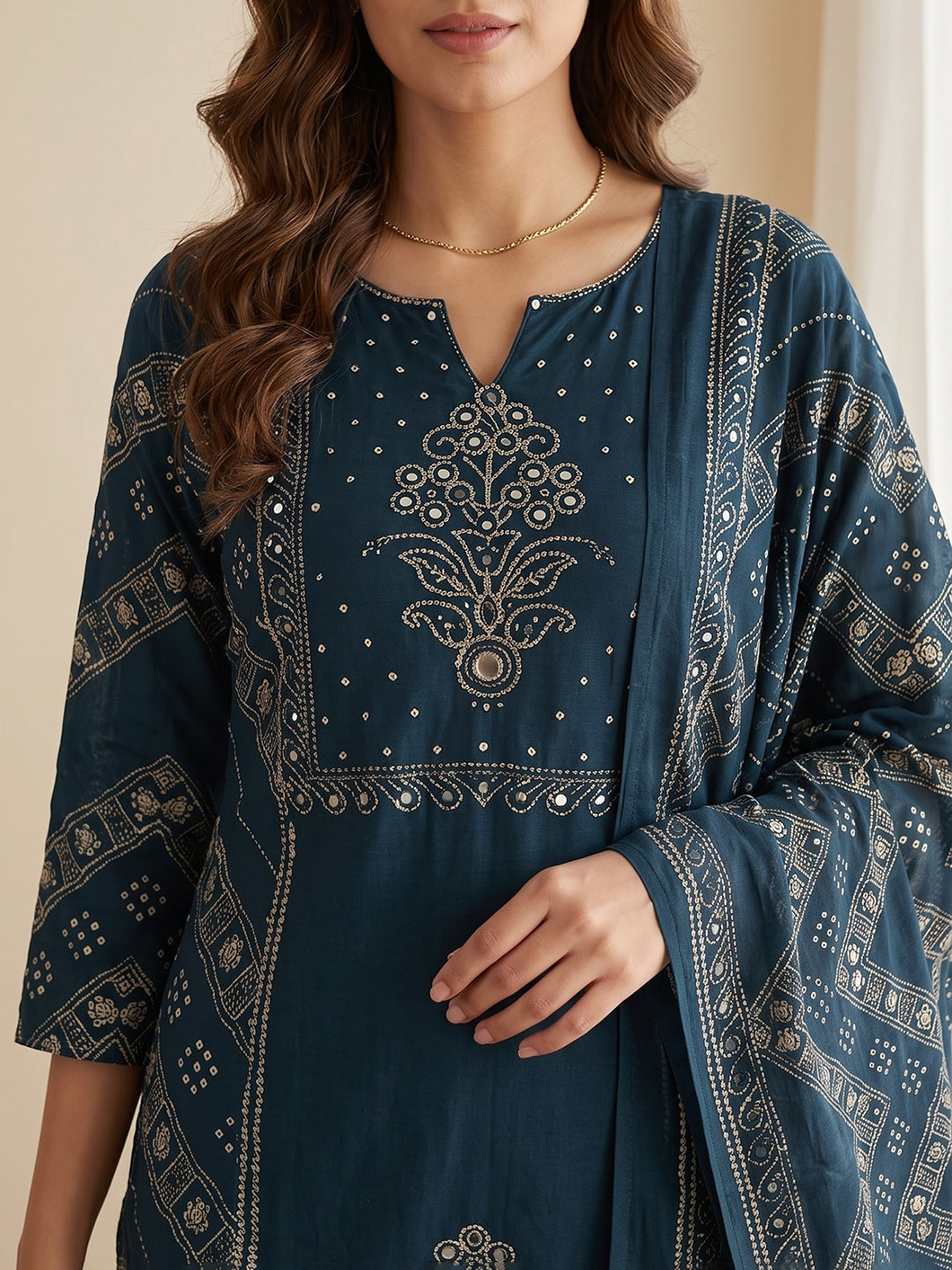 Blue Printed Cotton Blend Kurta With Pant &amp; Dupatta