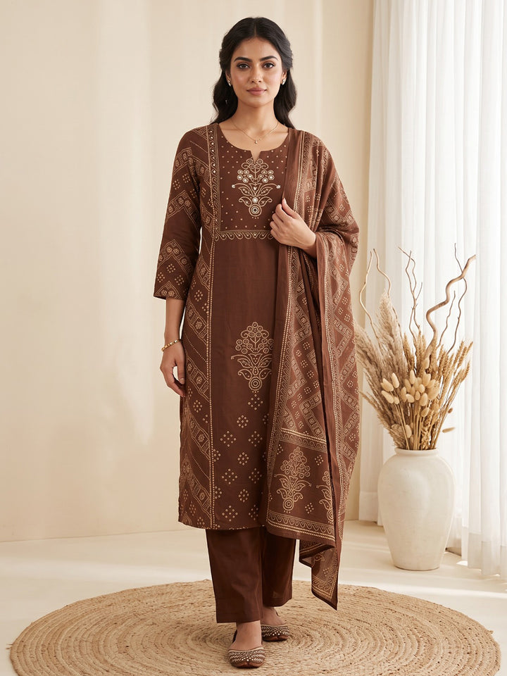 Brown Printed Cotton Blend Kurta With Pant &amp; Dupatta