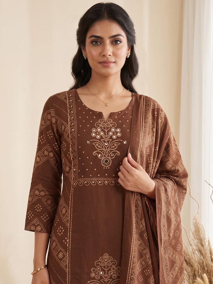 Brown Printed Cotton Blend Kurta With Pant &amp; Dupatta